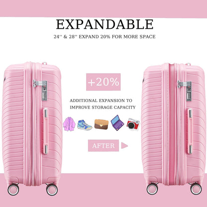 Campfun Luggage 4 Piece Sets, Expandable Carry On Luggage Set Hardshell PP, Suitcase Set with Double Spinner Wheels, Checked Durable Lightweight with TSA Lock, 14in 20in 24in 28in-Pink(A)