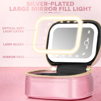 Small Makeup Bag Travel Train Case with Mirror and Light Mini Travel Make up for Women Train Case Cosmetic Organizer 3 Adjustable Brightness Toiletry Bag Portable Artist Storage