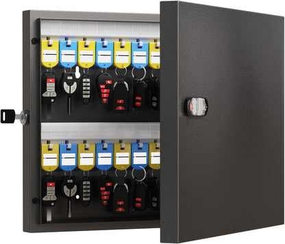 WeHere 48 Key Lock Box with Dual Lock, Combination & Key Unlock, Key Cabinet Wall Mount with Tag Label, Key Holder Storage Lockbox for Store, Office, Company, House, App Key Directory ERP