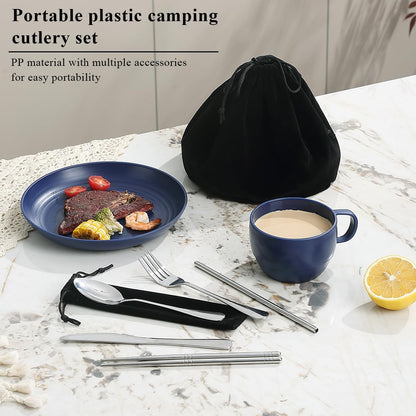 Camping Essentials Set, HOMQUEN Camping Plates and Bowls Set, Coffee Mug, Travel Cutlery Set Include Spoon, Fork, Knife for Work, Outdoor,Picnic, Camp (Blue)