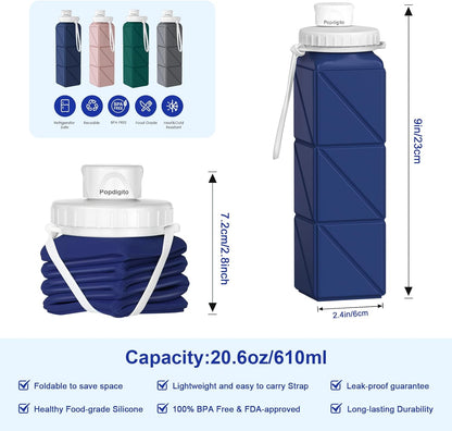 3 pack Collapsible Water Bottles,Silicone Foldable Portable Water Bottle 20.6oz, Lightweight Reusable Leakproof for Travel Hiking Camping Cycling Workouts Yoga Fitness Indoor Outdoor Sports