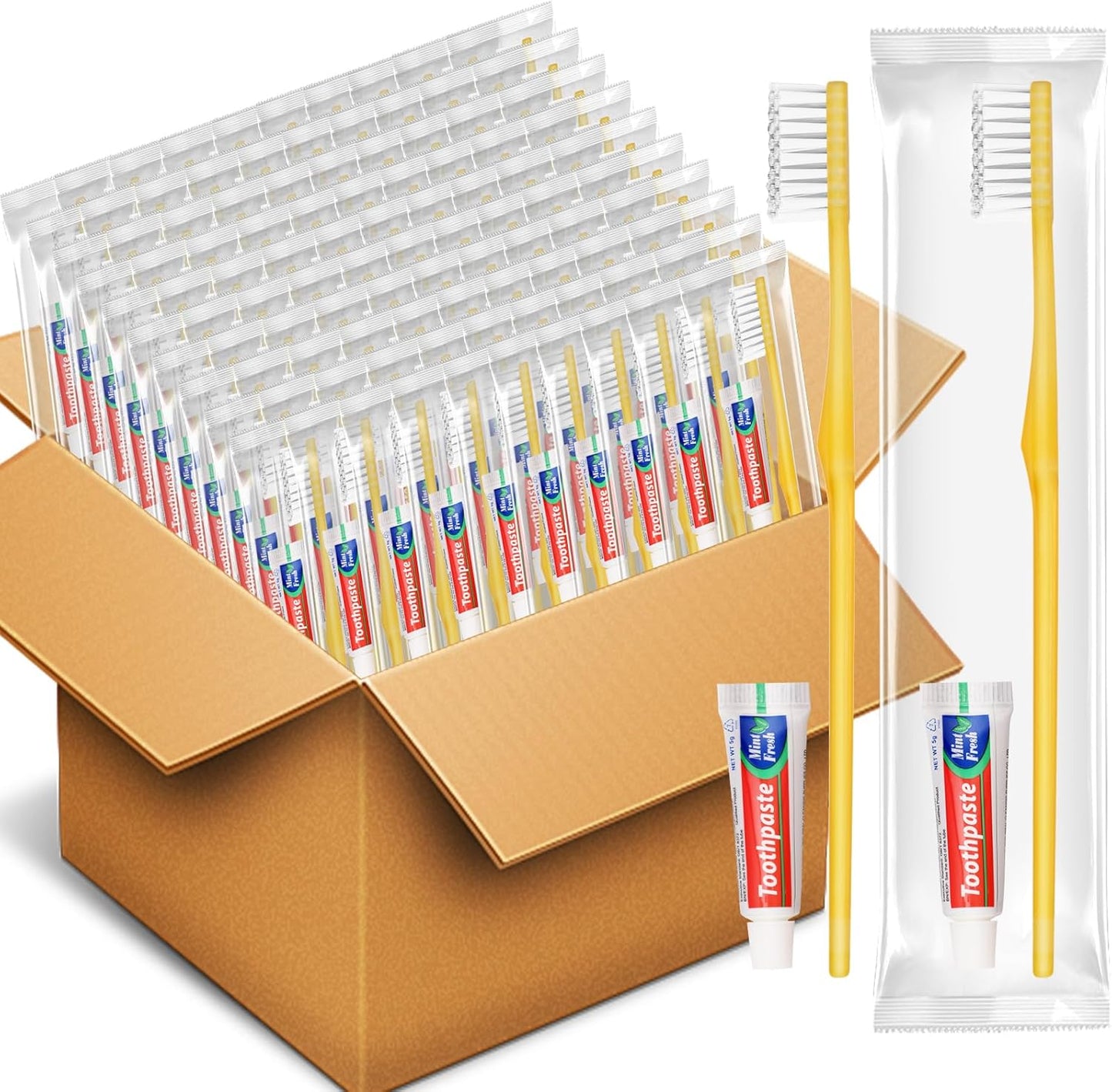 HOFASON Disposable Toothbrushes Pack of 50, Yellow Hollow Travel Toothbrush Set with Individually Wrapped Toothpaste for Homeless, Nursing Home, Shelter, Hotel