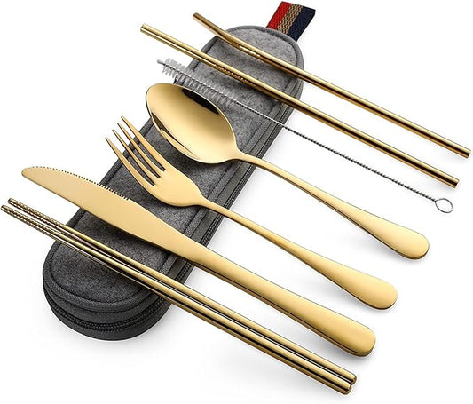 DEVICO Portable Utensils, Travel Camping Cutlery Set, 8-Piece including Knife Fork Spoon Chopsticks Cleaning Brush Straws Portable Case, Stainless Steel Flatware set (Gold)
