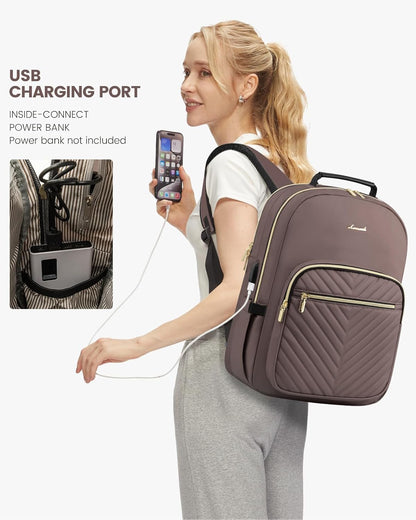 LOVEVOOK Laptop Backpack Purse for Women, Large Capacity Travel Business Computer Work Bag, Quilted Casual Nurse Backpack for Womens, Fit 15.6 Inch Laptop with USB Port, Brown