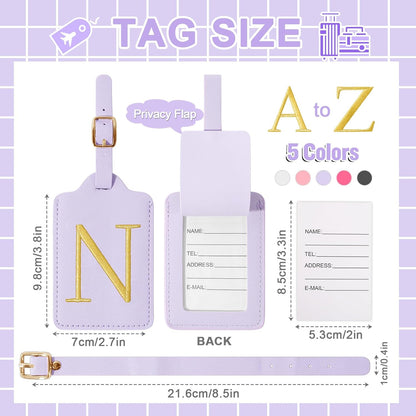 Personalized Initial Luggage Tags for Suitcase, Purple Leather Cute Luggage Tags with Privacy Cover Name Card, Embroidered Custom Monogrammed Luggage Tag Travel Backpack Tags Gifts for Women Kids(N)