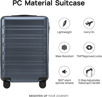 Carry on Luggage 22 X 14 X 9 Airline Approved, 20 Inch Luggage for 3-5 Days Travel, Double Spinner Wheels, 100% Hardshell PC, TSA Lock (09-Grey, Carry-On 20-Inch)