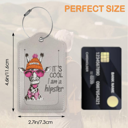 Funny Hipster Giraffe 3 Pack PU Leahter Luggage Tag with Stainless Steel Loop, Cool Cartoon Giraffe Travel Suitcase Labels with Privacy Cover ID Label Quickly Spot for Bags