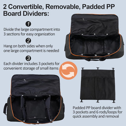 110L/140L Expandable Soft-Sided Foldable Duffle Bag with 2 Rubber Wheels,Packable 32” Rolling Carry-On with Multi-Pockets & Compartments,Black Orange
