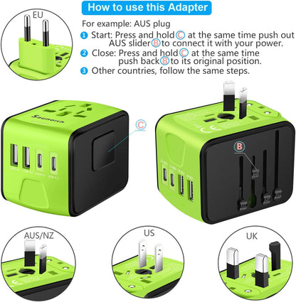 Travel Adapter Worldwide, Universal International Power Plug Adapter W/2.4A 2xUSB-A and 3.0A 2xType-C Wall Charger, European Travel Plug Adapter for Europe UK EU US CA AU Italy Asia-Green