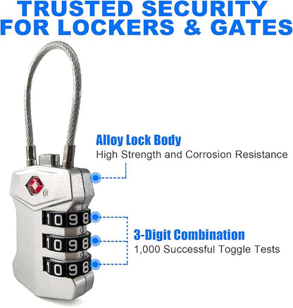 2 Pack TSA Approved Travel Luggage Locks, Cable Combination Lock, 3 Digit Padlock, Alloy Steel Cut-Resistant Cable, Weatherproof Zipper Lock for Gun/Suitcases, Backpacks, Gym Lockers, Golf Bags-NO KEY