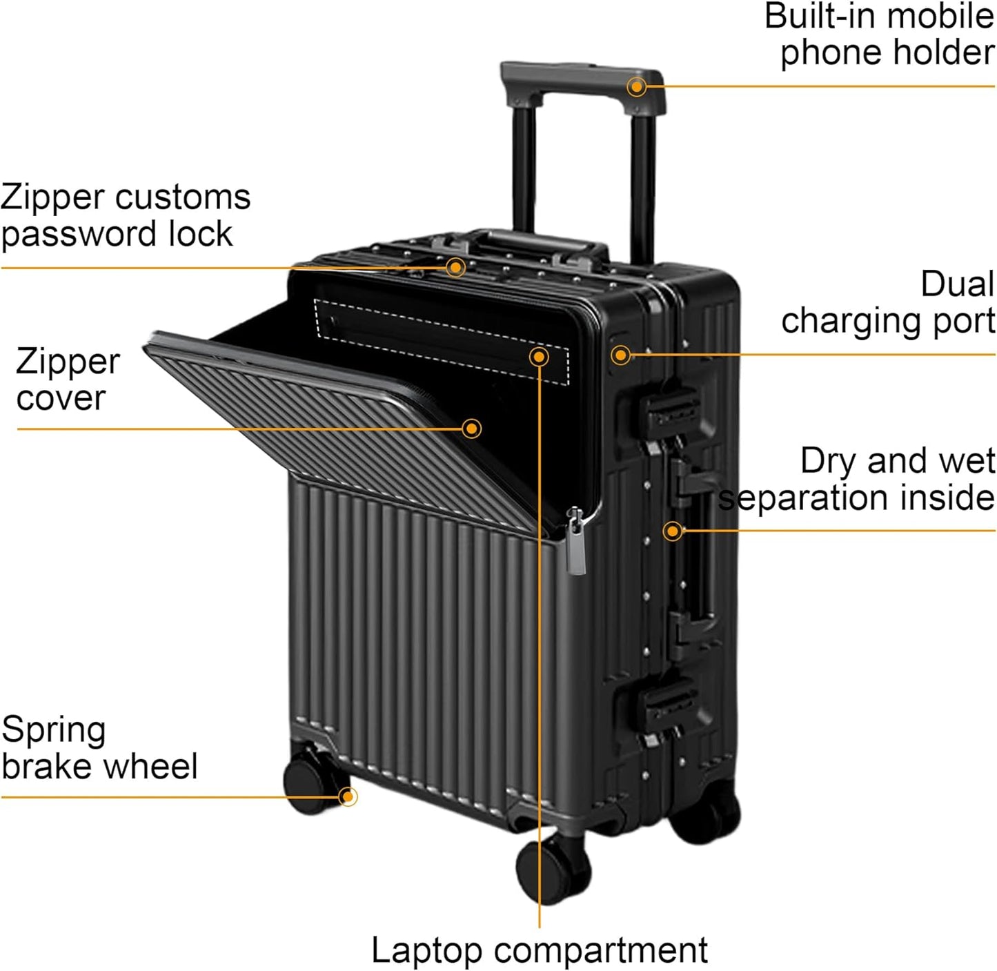 Zipperless Luggage, Polycarbonate Aluminum Hard Shell, Expandable Carry-On Suitcase with Spinner Wheels, Hard Shell Suitcase, 24 Inch Cabin