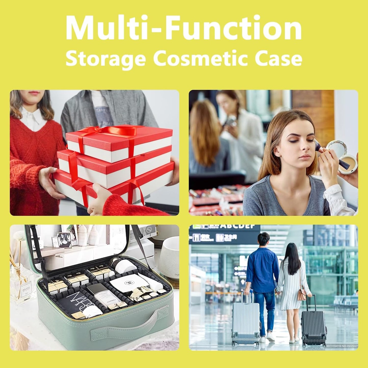 Travel Makeup Bag for Women and Makeup Artists Cosmetic Organizer Large Makeup Case,Travel Makeup Bag with Mirror 3 Color Setting,Portable Storage and Adjustable Dividers(yellow)