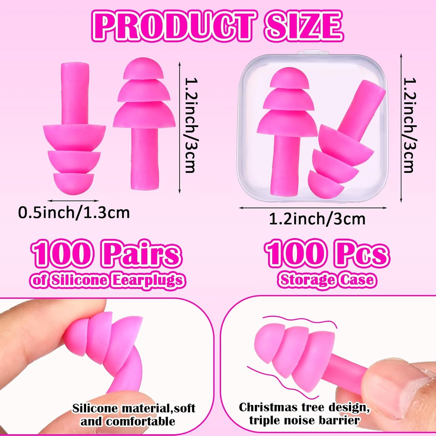 TrelaCo 100 Pairs Ear Plugs Bulk, NRR 29dB Reusable Silicone Ear Plugs with Plastic Cases Soft Foam for Sleeping Noise Cancelling for Concerts Shooting Swimming Noise Reduction(Pink)