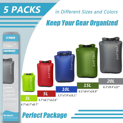 Frelaxy Dry Bag 3-Pack/5-Pack, Ultralight Dry Sack, Outdoor Bags Keep Gear Dry for Hiking, Backpacking, Kayaking, Camping, Swimming, Boating
