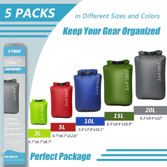 Frelaxy Dry Bag 3-Pack/5-Pack, Ultralight Dry Sack, Outdoor Bags Keep Gear Dry for Hiking, Backpacking, Kayaking, Camping, Swimming, Boating