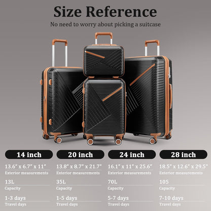 Campfun Luggage 4 Piece Sets, Expandable Carry On Luggage Set Hardshell PP, Suitcase Set with Double Spinner Wheels, Checked Durable Lightweight with TSA Lock, 14in 20in 24in 28in-Black Brown(B)