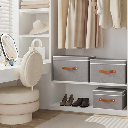 Fabric Storage Bins with Lids, Linen Foldable Clothes Boxes, Closet Organizer Containers with Double Handles, Baskets for Bedroom, Grey, 5 Pack, 13 x 9.1 x 7.9 Inch