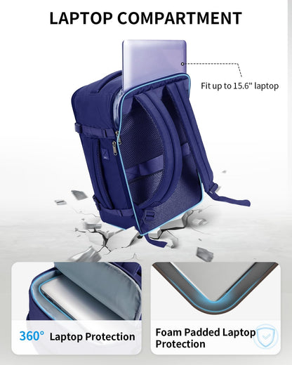 ECOHUB Travel Backpack for Men Women, Carry on Backpack with USB Charging Hole, Spirit Airlines Personal Item Bag Flight Approved, 15.6 Inch Laptop Backpack with Anti Theft Pockets, 30L, Navy Blue