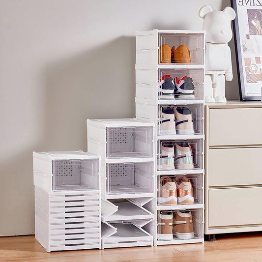 Shoe Organizer Foldable Shoe Rack, No Assembly Box Covered Shoe Storage with Doors, Free Standing Space Saving Shoe Box Stackable Dustproof 6,3 (1×6 Tiers)