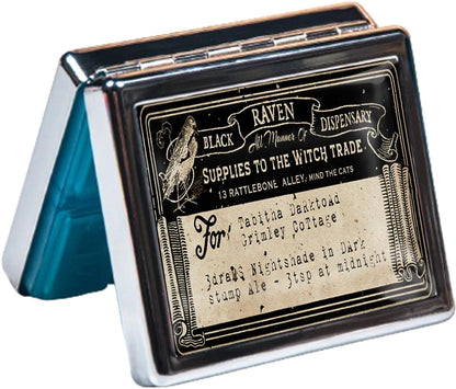 Silver Vintage Pill Box 7 Day Metal Pill Box with Mirror and 8 Compartments Cute Travel Pill Organizer for Purse (Vintage Label)