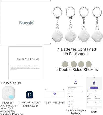 Key Finder, Bluetooth Tracker Item Locator with Key Chain for Keys Pet Wallets or Backpacks and Tablets, Batteries Include -White
