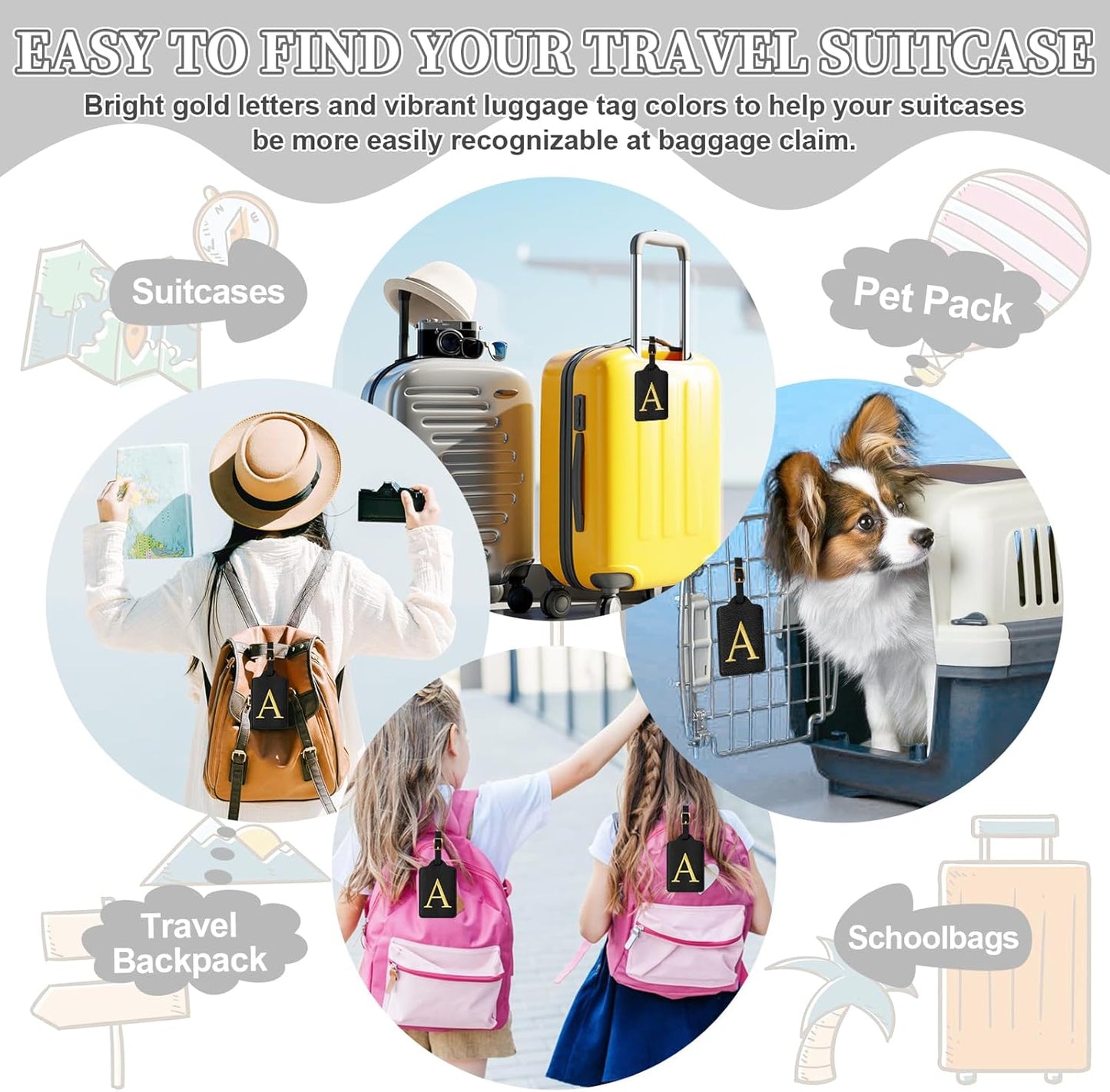 Personalized Initial Luggage Tags for Suitcase TSA Approved, Black Leather Cute Luggage Tag with Privacy Cover Name Card, Embroidered Custom Luggage Tags Travel Backpack Tags Gifts for Women Kids(A)