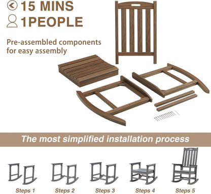 Psilvam Outdoor Rocking Chair, Poly Lumber Oversized Rocking Chair with 21" Wide Seat and 32" Tall Backrest, Pre-Assembled with Most Components for Effortless Installation(Bright Brown)