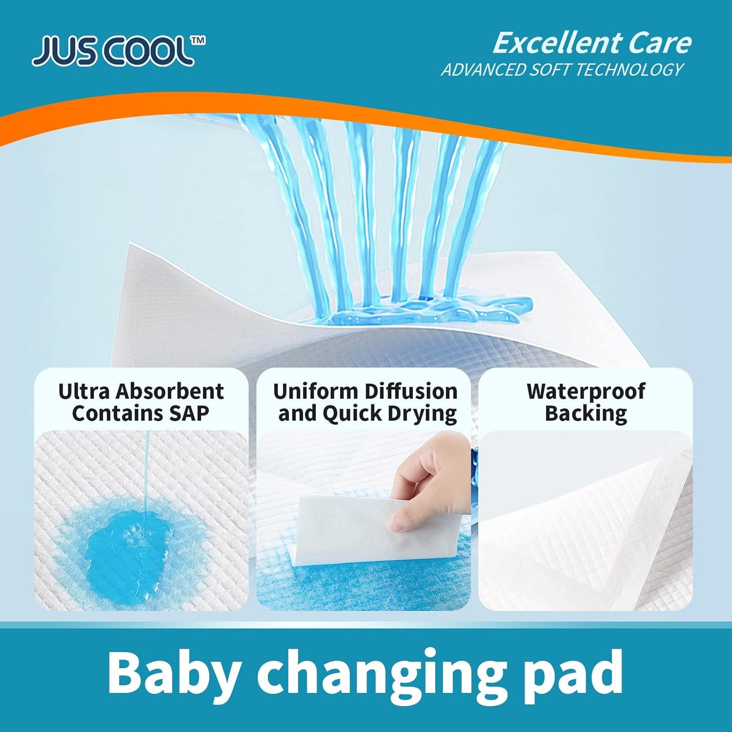 JUS COOL Incontinence Bed Pads 30”x 36”(50 Count) Disposable Baby Changing Pads, Underpads Portable Diaper Changing Pads, Soft Bed Pads Ultra Absorbent and Waterproof