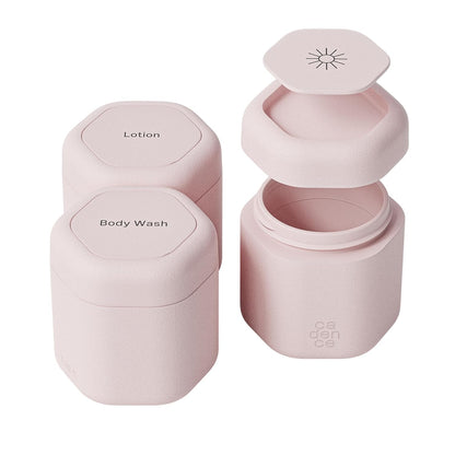 Cadence Travel Containers - Body Care Capsule Set - Magnetic Containers with Lids,Carry On Travel Essentials for Women/Men - 3 Flex Mediums (1.32oz) - Body Wash, Lotion & Sun Icon Labels - Petal