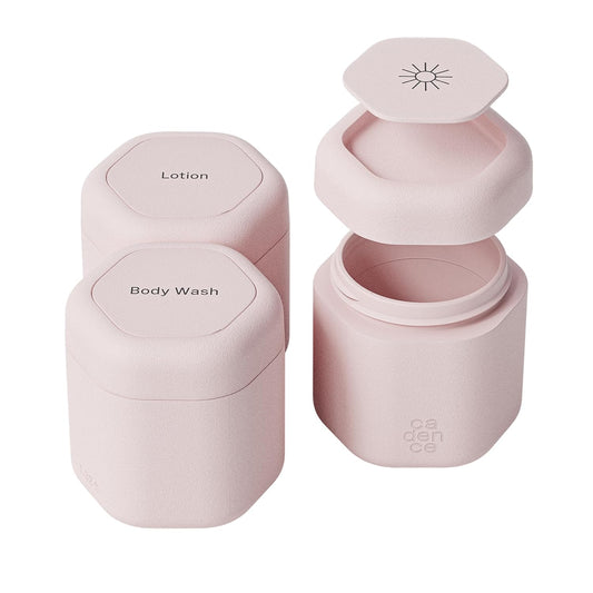 Cadence Travel Containers - Body Care Capsule Set - Magnetic Containers with Lids,Carry On Travel Essentials for Women/Men - 3 Flex Mediums (1.32oz) - Body Wash, Lotion & Sun Icon Labels - Petal