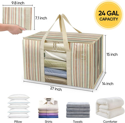 BALEINE 4-Pack Oversized Moving Bags with Reinforced Handles, Heavy-Duty Storage Tote for Clothes, Moving Supplies (Color Stripe with Window, 4-Pack)