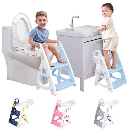Potty Training Seat:2 in 1 Design Potty Seat for Toilet & Nursery Step Stool for Sink, Potty Training Toilet with Height Adjustable Ladder for Kids of All Ages (Arctic)