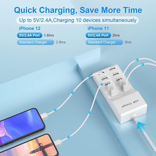 QIONMAR USB Wall Charger USB Charging Station for Multiple Devices USB Charger 10-Ports Power Hub Strip Smart Plug Charging Dock Charge Block Compatible with iPhone 15,iPod,Galaxy S Smart Phones