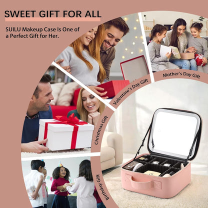 Makeup Bag with Led Mirror,Travel Makeup Organizer with 3 Color Setting, Portable Storage and Adjustable Dividers Travel Makeup Bag(Pink)