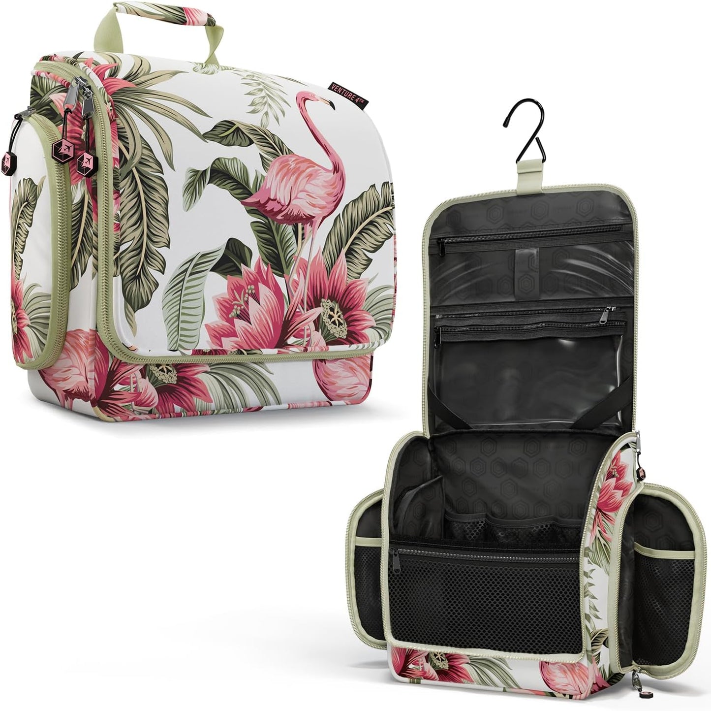 VENTURE 4TH Hanging Travel Toiletry Bag for Women & Men - Travel Organizer with Expandable Compartments & Removable Clear Pouch for Toiletries (Pink Flamingo)