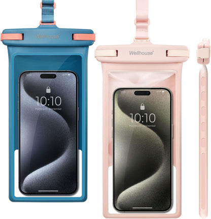 wellhouse Waterproof Phone Pouch, Waterproof Phone Case for iPhone 16 15 14 13 12 Pro Max XS Samsung, IPX8 3D Cellphone Dry Bag Beach Essentials (2 Pack - Blue & Pink8.0, 8 inch)