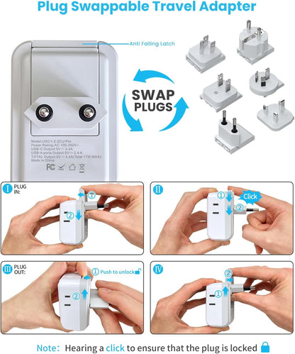 VINTAR Universal Travel Adapter Kit, International Power Adapter with 4 AC & 3 USB Ports(2 USB C), Type A,B,C,E/F,G,I, Swap Adapt Attachments, Travel Adapter Worldwide for Europe/UK/Aus/Japan/Africa