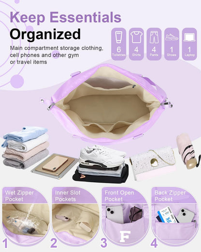 Daughter Niece Gifts for Teen Girl Kids, Initial Travel Duffel Bag Sports Gym Bag Personalized Gifts Weekender Bag，Monogram Overnight Bag Cute Dance Bag Birthday Bridesmaid Gifts for Women(Purple, F)