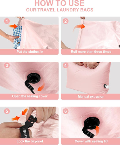 Travel Laundry Bag, Pump Free Vacuum Storage Bag Reusable Compression Dirty Clothes Travel Bag Waterproof Wet Dry Bags Large Capacity Space Saver Bags Camp Clothes Organizer (1 Pcs)(Pink, M)