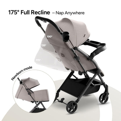 Mompush Lithe V2 Lightweight Travel Stroller, Compact Foldable Baby Stroller with Travel Bag, One-Hand Fold Stroller, Snack Tray, Mechanical Recline Seat, Airplane-Ready, UPF 50+ Canopy & Rain Cover