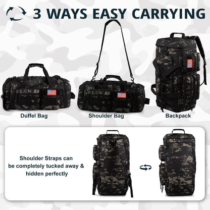 Tactical Gym Bag for Men，70L Large 3 in 1 Sports Duffle Bag with Shoes Compartment for Travel,Water Resistant Travel Backpack Weekender Overnight Bag with Wet Pocket for Women