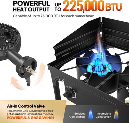 ROVSUN 3 Burner Propane Gas Stove with Carrying Bag, 225,000 BTU Patio Outdoor Camping Burner with Wind Panel & CSA Listed Regulator, Picnic Cooker for Home Patio Cooking Brewing Turkey Frying Canning