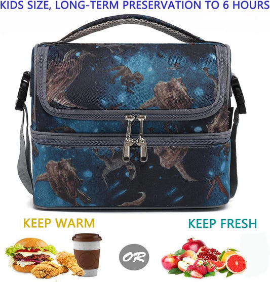 FlowFly Double Decker Cooler Insulated Lunch Bag Large Tote for Boys, Girls, Men, Women, With Adjustable Strap, MyDinosaur