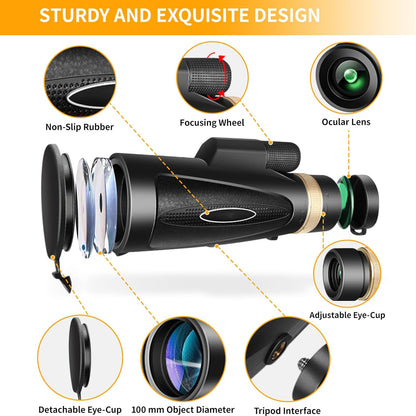 Monocular Telescope 80x100 HD Monoculars for Adults with Tripod & Phone Adapter, Monoculars for Bird Watching Stargazing Camping Hiking Hunting Wildlife Travel-Black