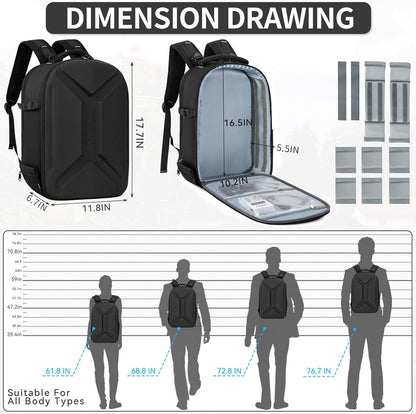 TORIBIO Camera Backpack, Hardshell DSLR Photography Camera Bag, Waterproof Hard Shell Camera Case with Tripod Holder & 15.6" Laptop Compartment Compatible with Canon/Nikon/Sony/DJI Mavic Drone