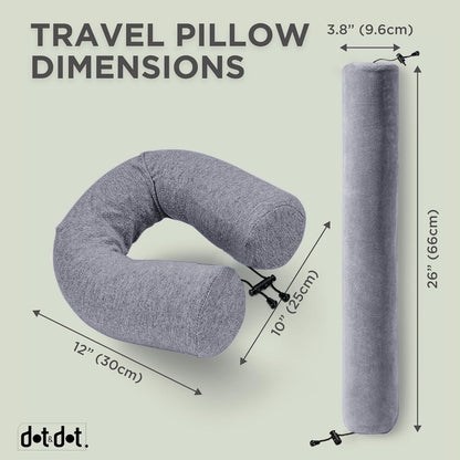 Dot&Dot Twist Memory Foam Travel Pillow for Airplanes - Travel Neck Pillow for Sleeping - Airplane Pillow for Neck Support, Chin, Lumbar and Leg - Adjustable, Bendable Neck Roll Pillow (Gray Black AC)