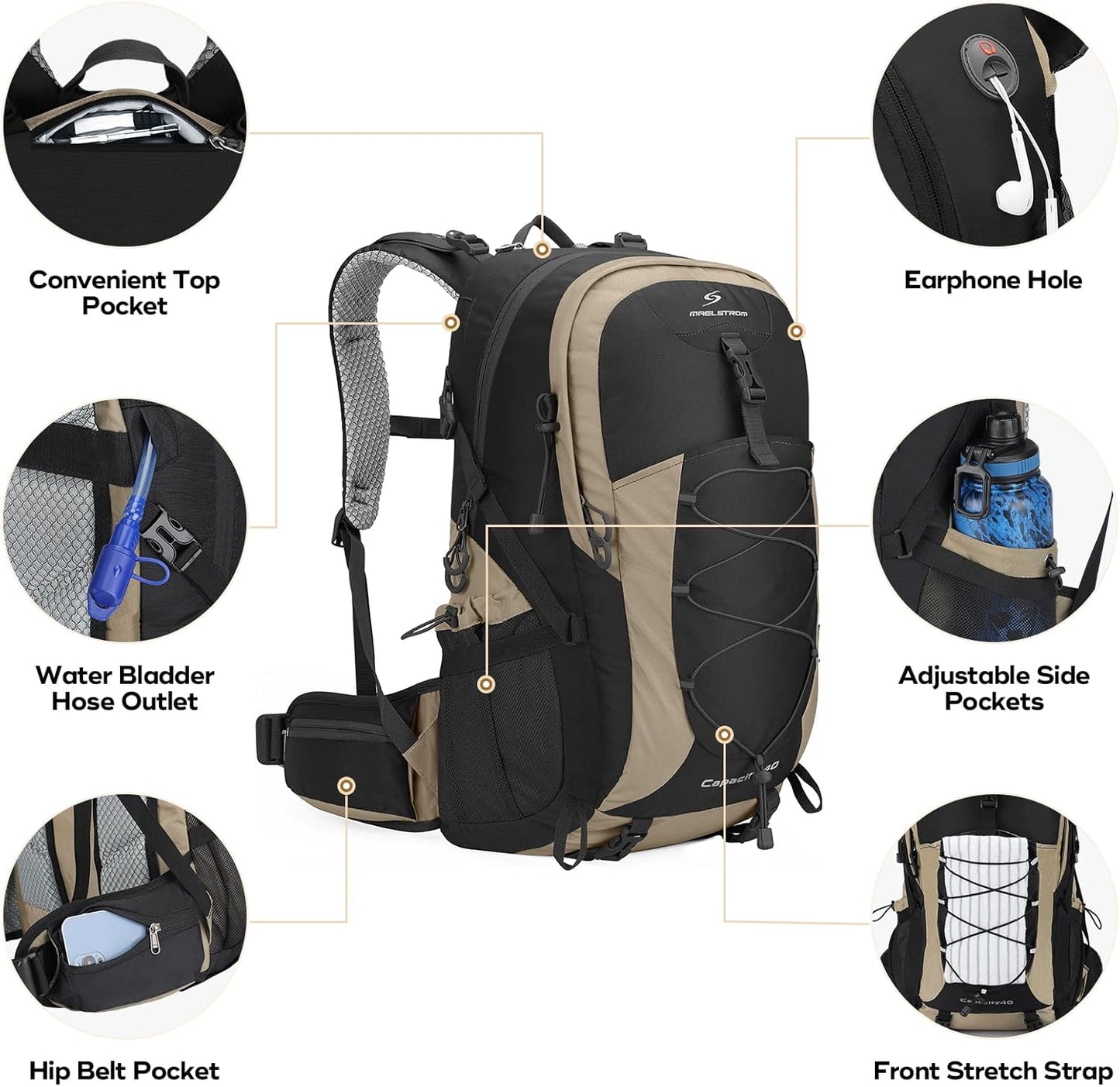 Maelstrom Hiking Backpack,Camping Backpack,40L Waterproof Hiking Daypack with Rain Cover,Lightweight Travel Backpack,Khaki