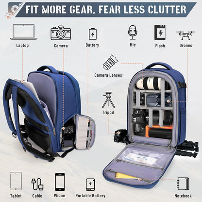 RAINSMORE Camera Backpack Hard Shell for DSLR/SLR Waterproof Camera Bag with Laptop Compartment 15.6 Inch Professional Camera Case with Rain Cover Photography Backpack Bag with Camera Lens Case Blue
