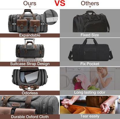 Wildroad 50L Travel Duffel Bag, Expandable Canvas Genuine Leather Duffle Bag Upgraded Overnight Weekender Carry on Bag
