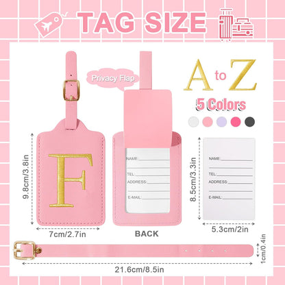 Personalized Initial Luggage Tags for Suitcase, Pink Leather Cute Luggage Tags with Privacy Cover Name Card, Embroidered Custom Monogrammed Luggage Tag Travel Bag Baggage Tags Gifts for Women Kids(F)